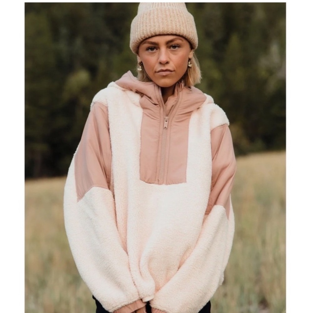 Free People Movement Women Fleece Colorblock Half Zip Hoodie Pink Tan‎ Size S